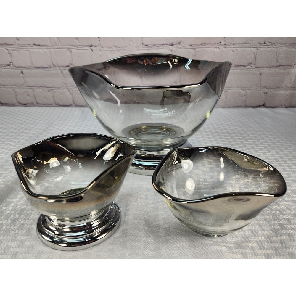 Dorothy Thorpe Silver Fade Rim Large Chip Fruit Bowl & 2 Small Dip Bowls Set MCM